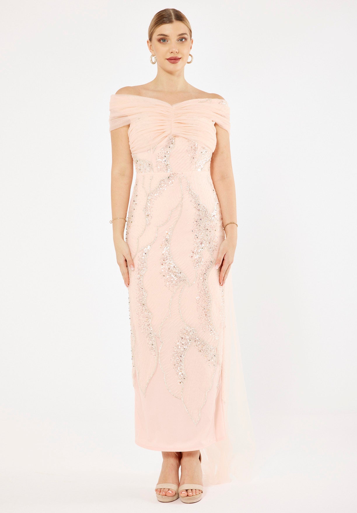 All-Over Embellished Draped Tulle Gown