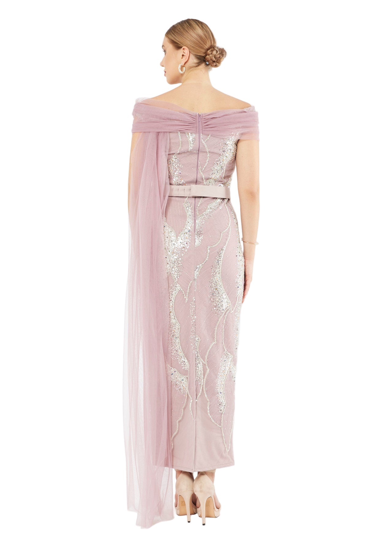 All-Over Embellished Draped Tulle Gown
