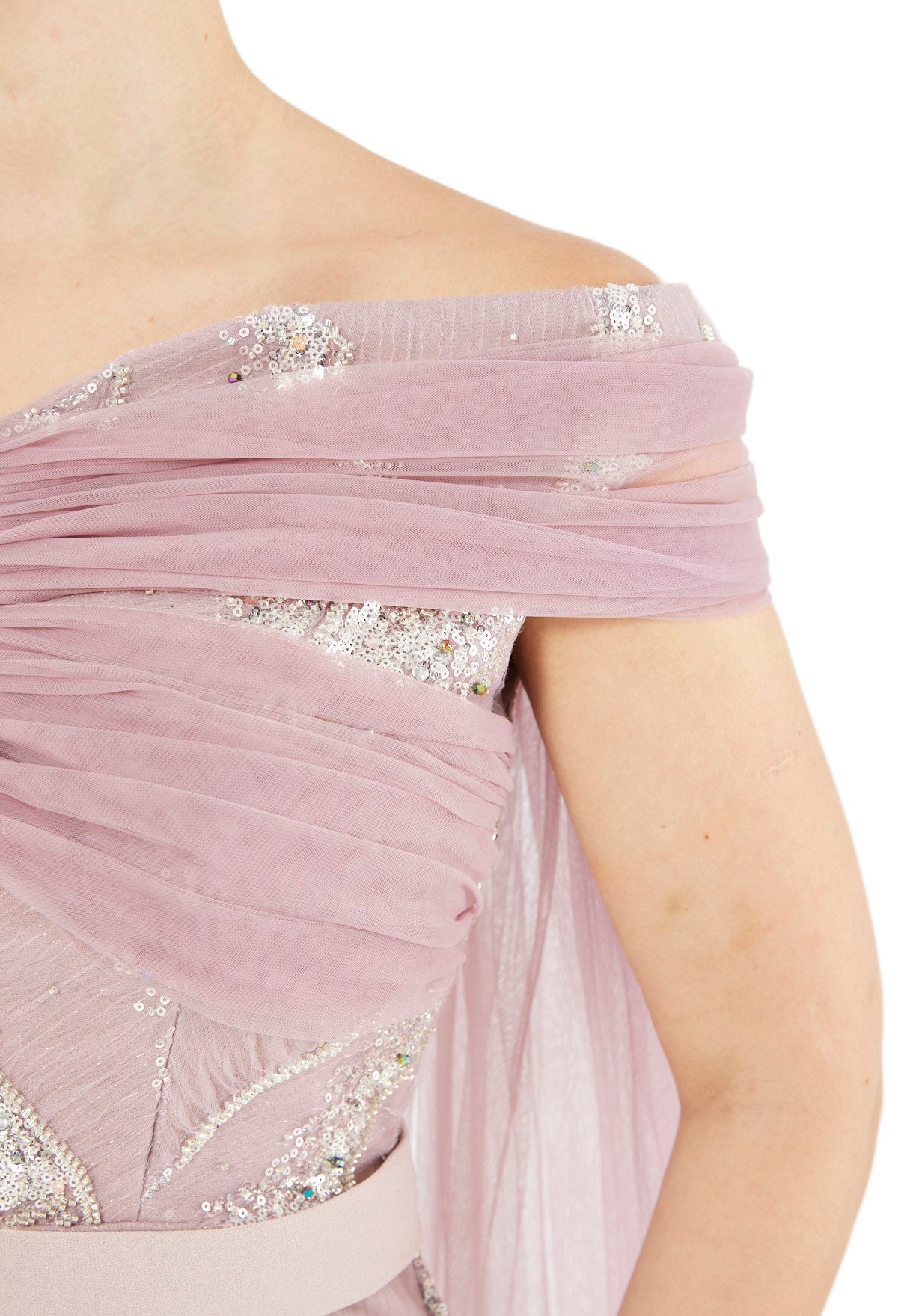 All-Over Embellished Draped Tulle Gown