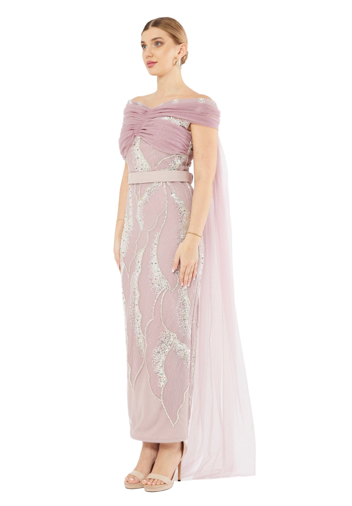 All-Over Embellished Draped Tulle Gown