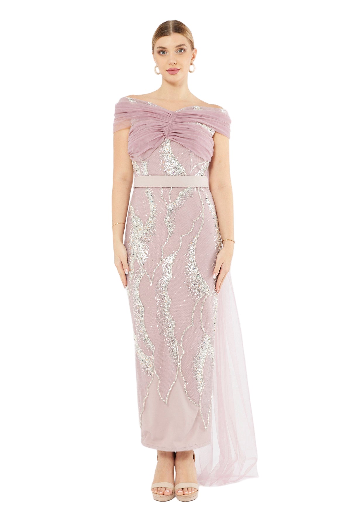All-Over Embellished Draped Tulle Gown