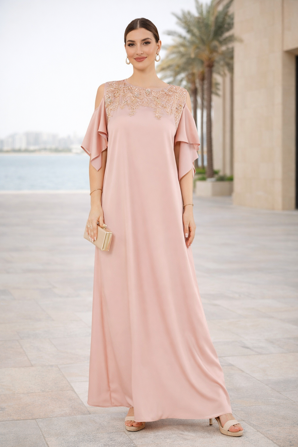 Satin Ruffle Sleeve Gown