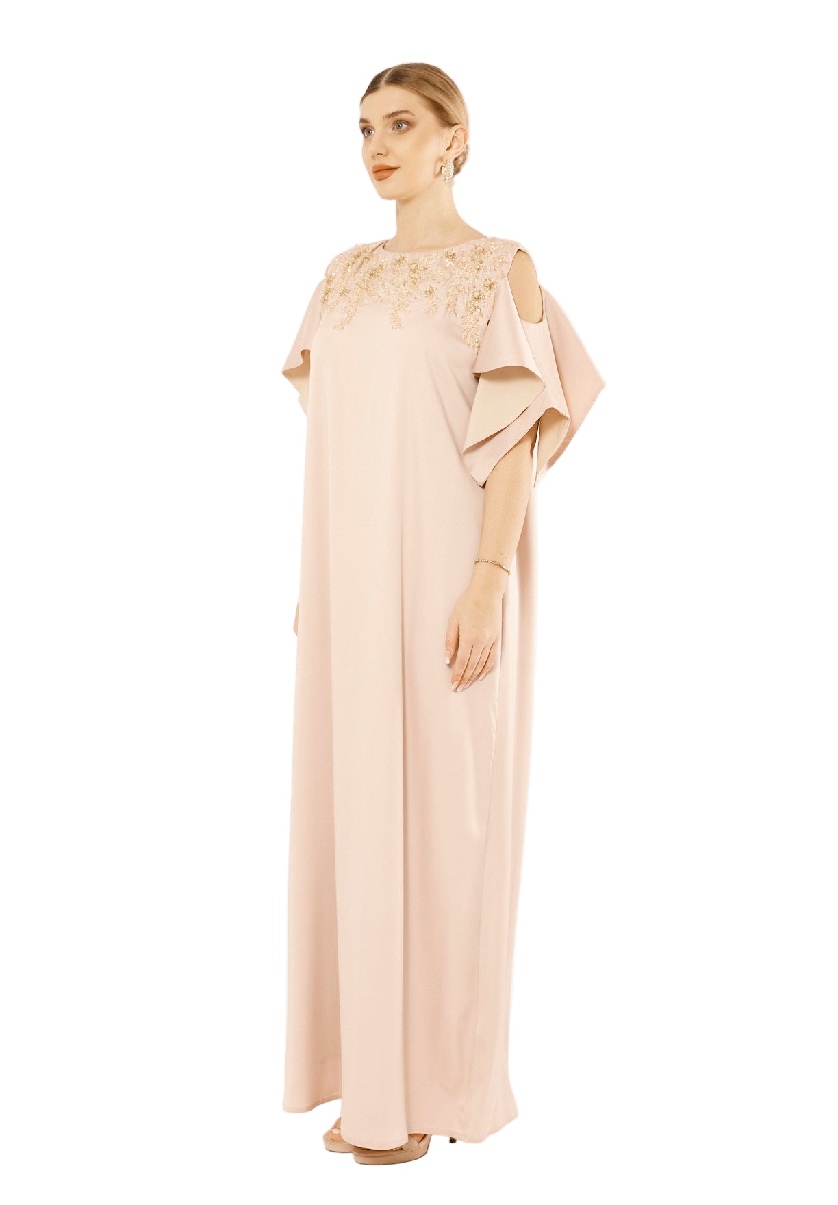 Satin Ruffle Sleeve Gown