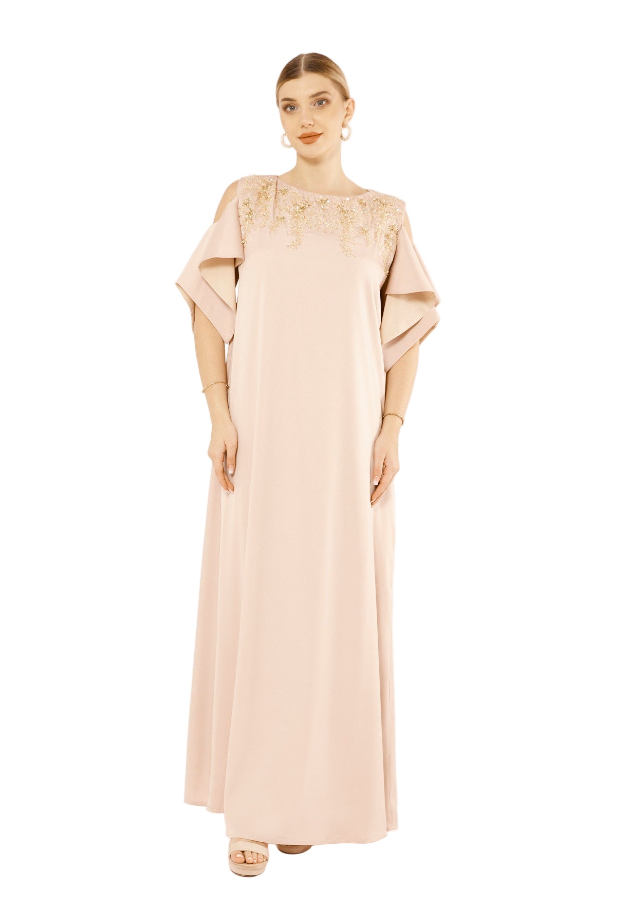 Satin Ruffle Sleeve Gown