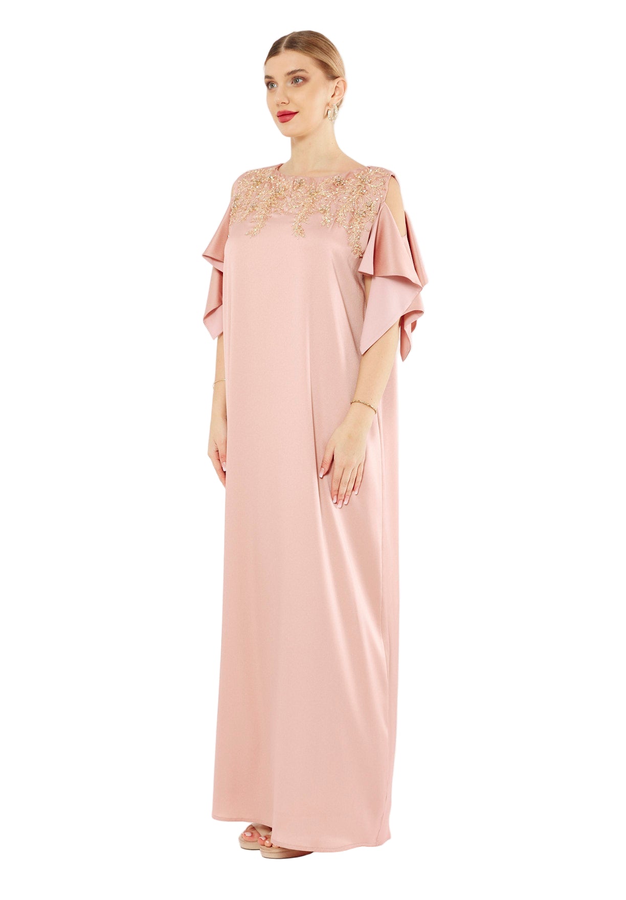 Satin Ruffle Sleeve Gown
