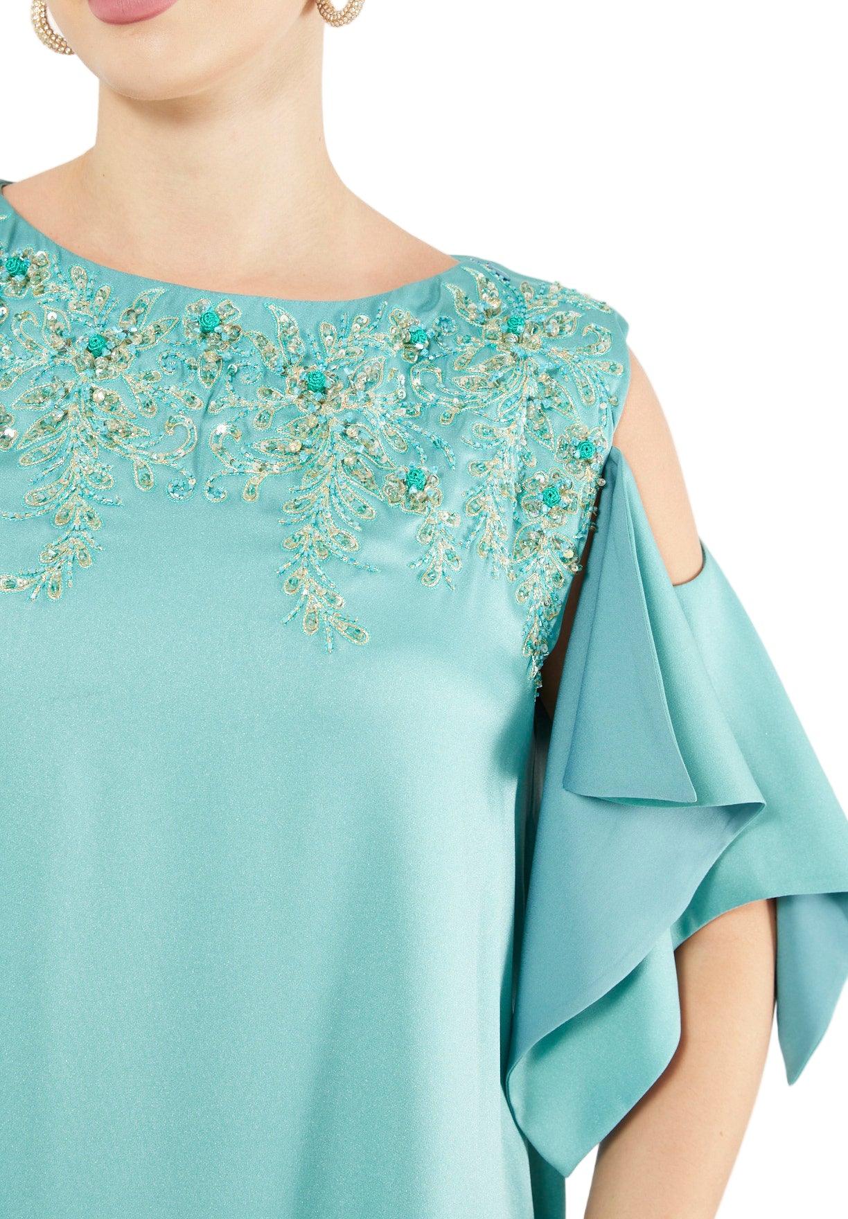 Satin Ruffle Sleeve Gown
