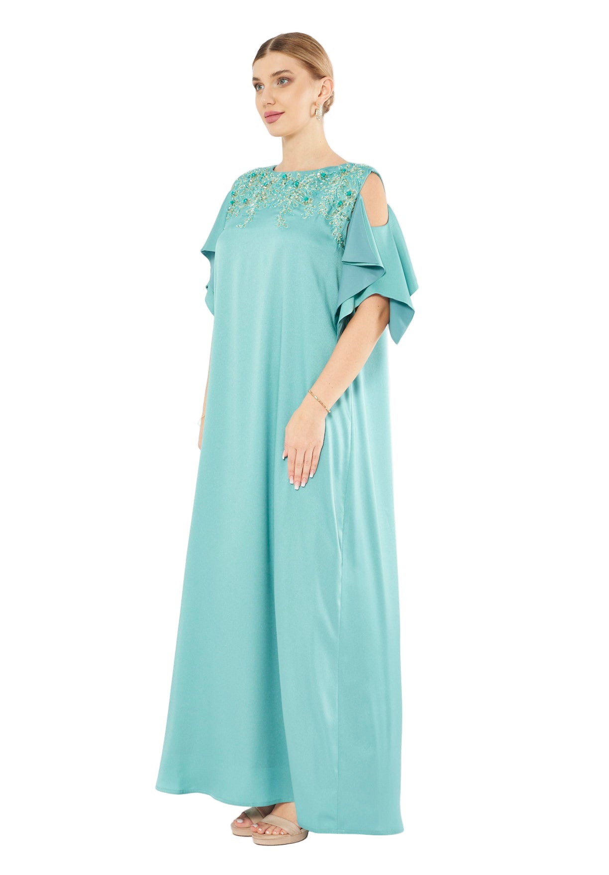 Satin Ruffle Sleeve Gown