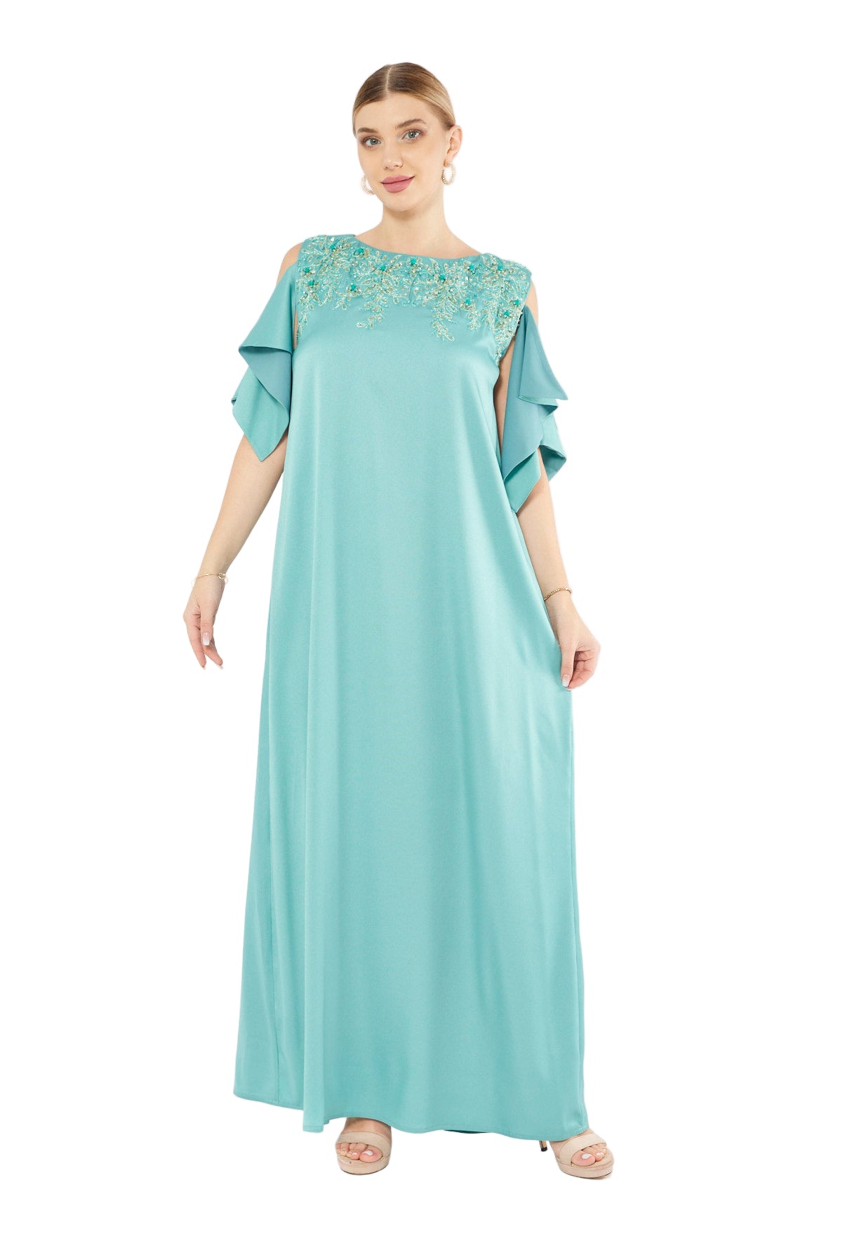 Satin Ruffle Sleeve Gown