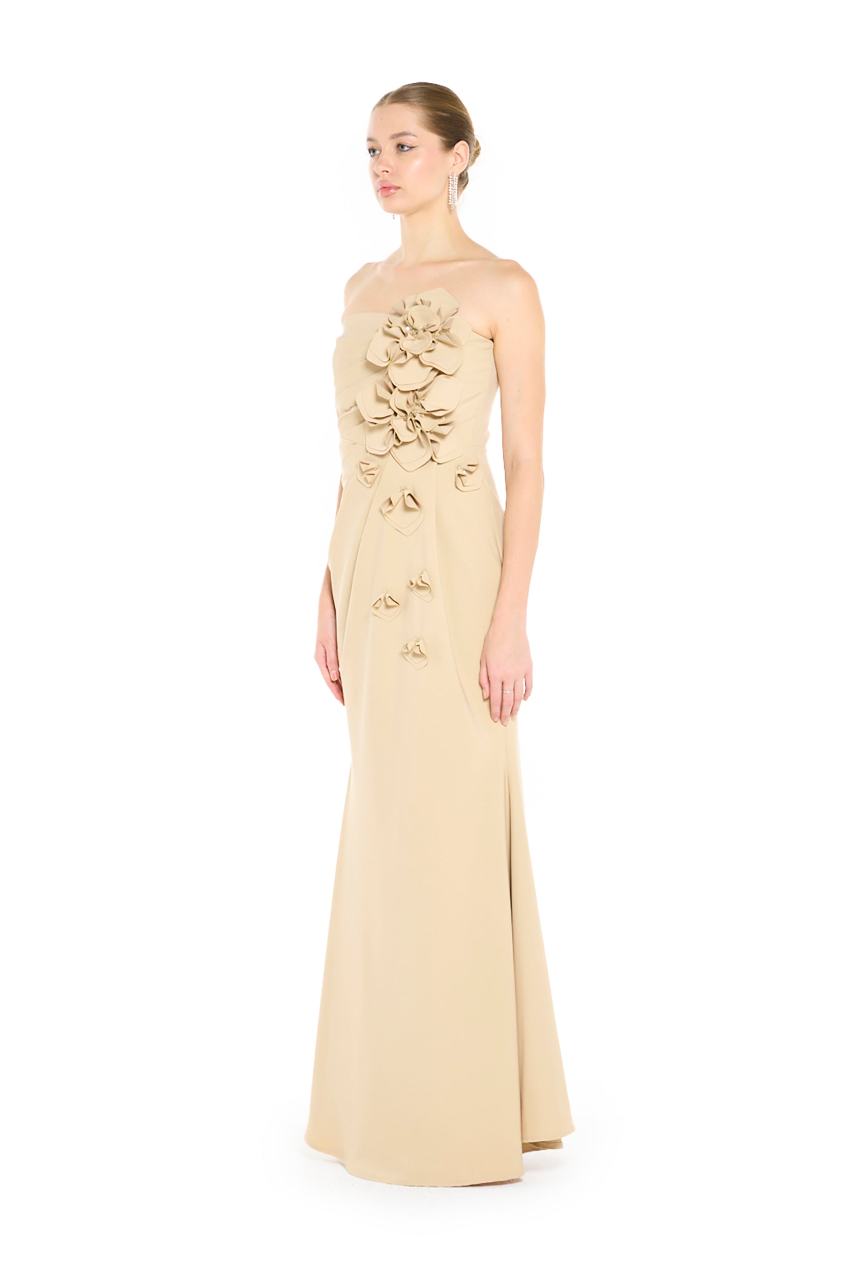 Strapless Draped Gown with Sculptural Floral Appliqué