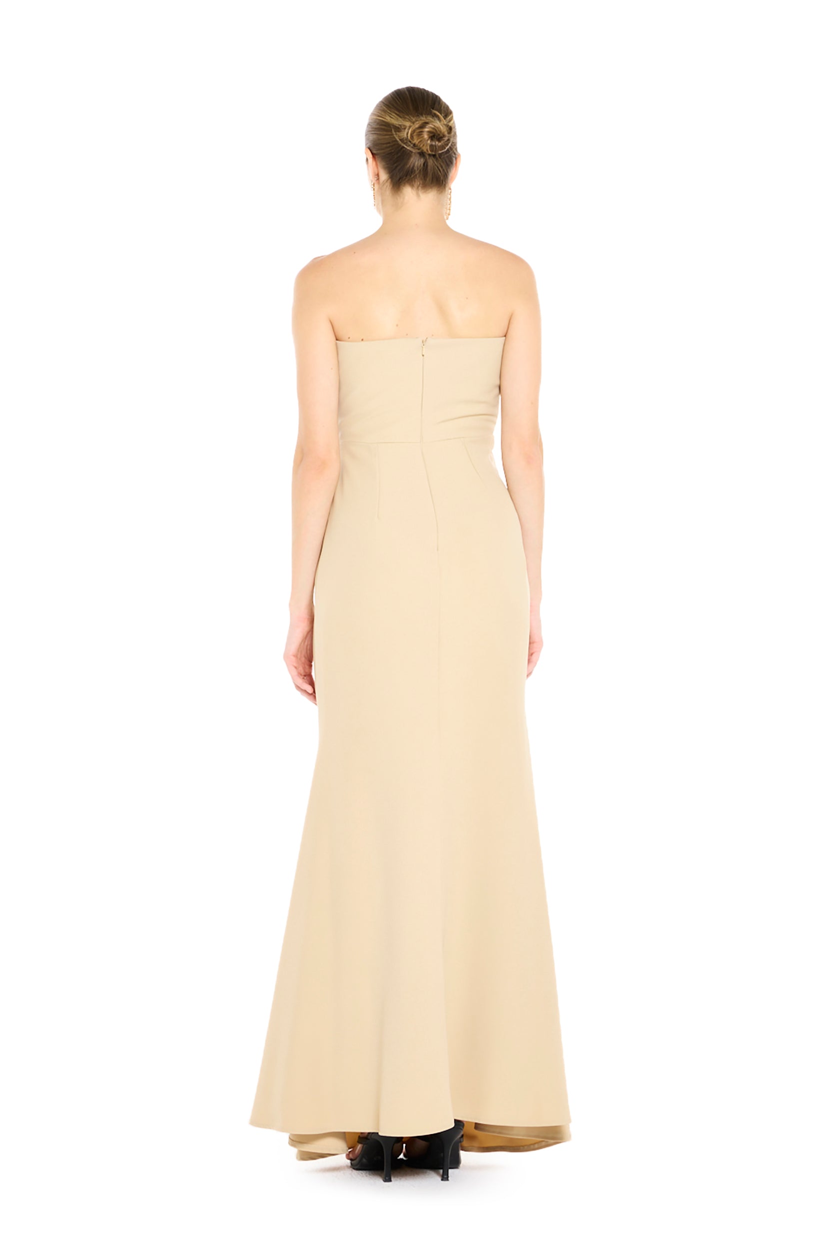 Strapless Draped Gown with Sculptural Floral Appliqué