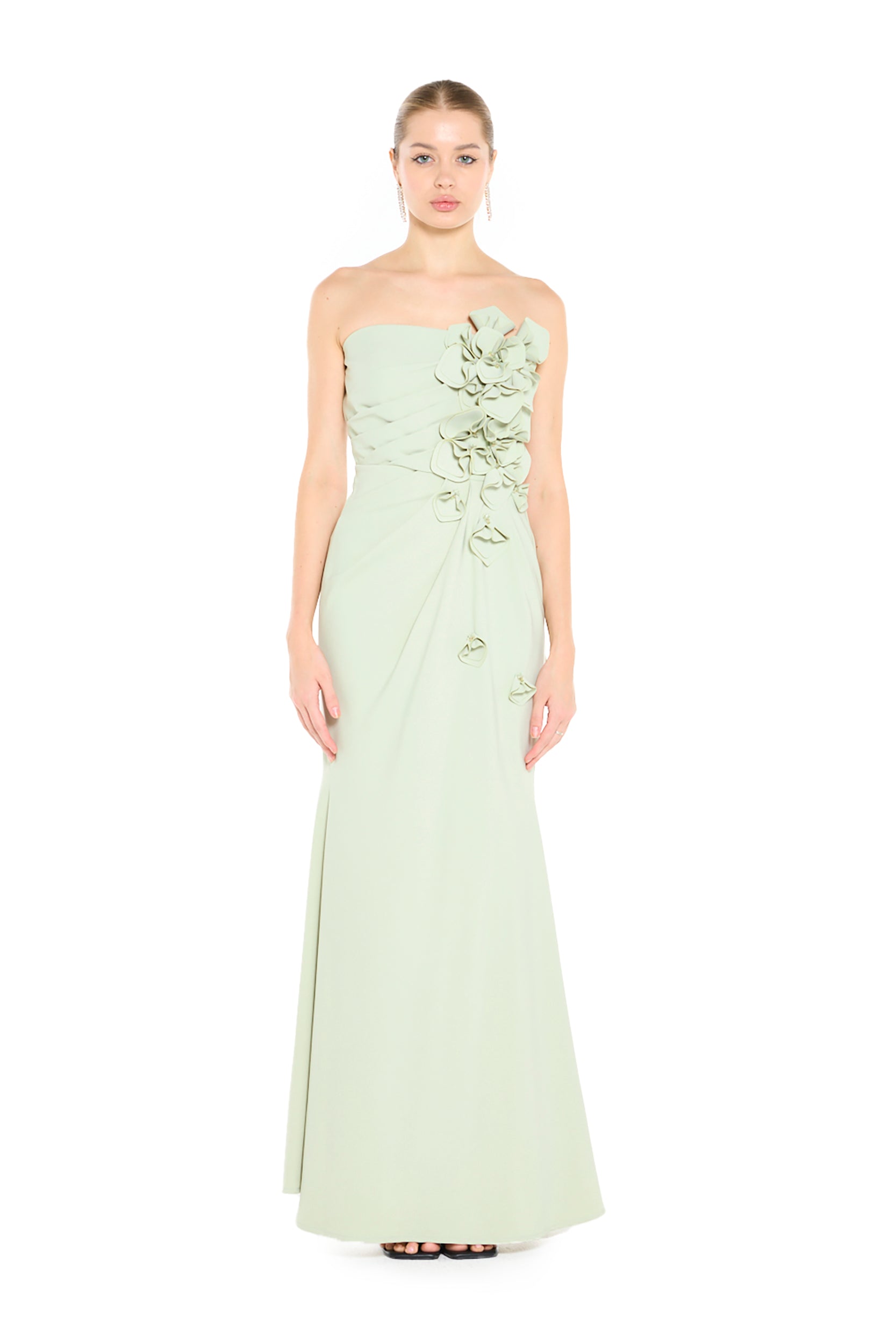 Strapless Draped Gown with Sculptural Floral Appliqué