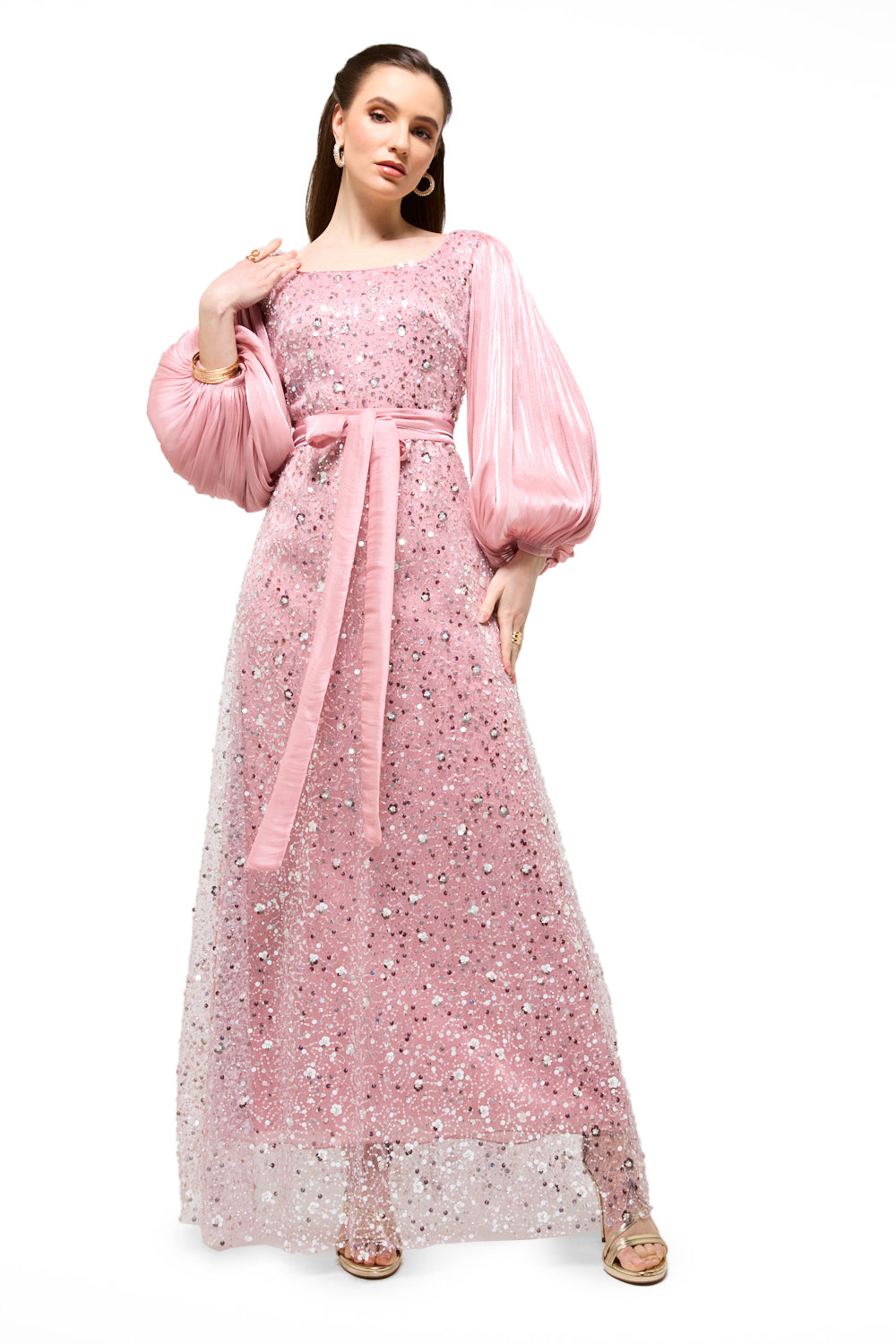 Sequin Embellished Balloon Sleeve Maxi Dress