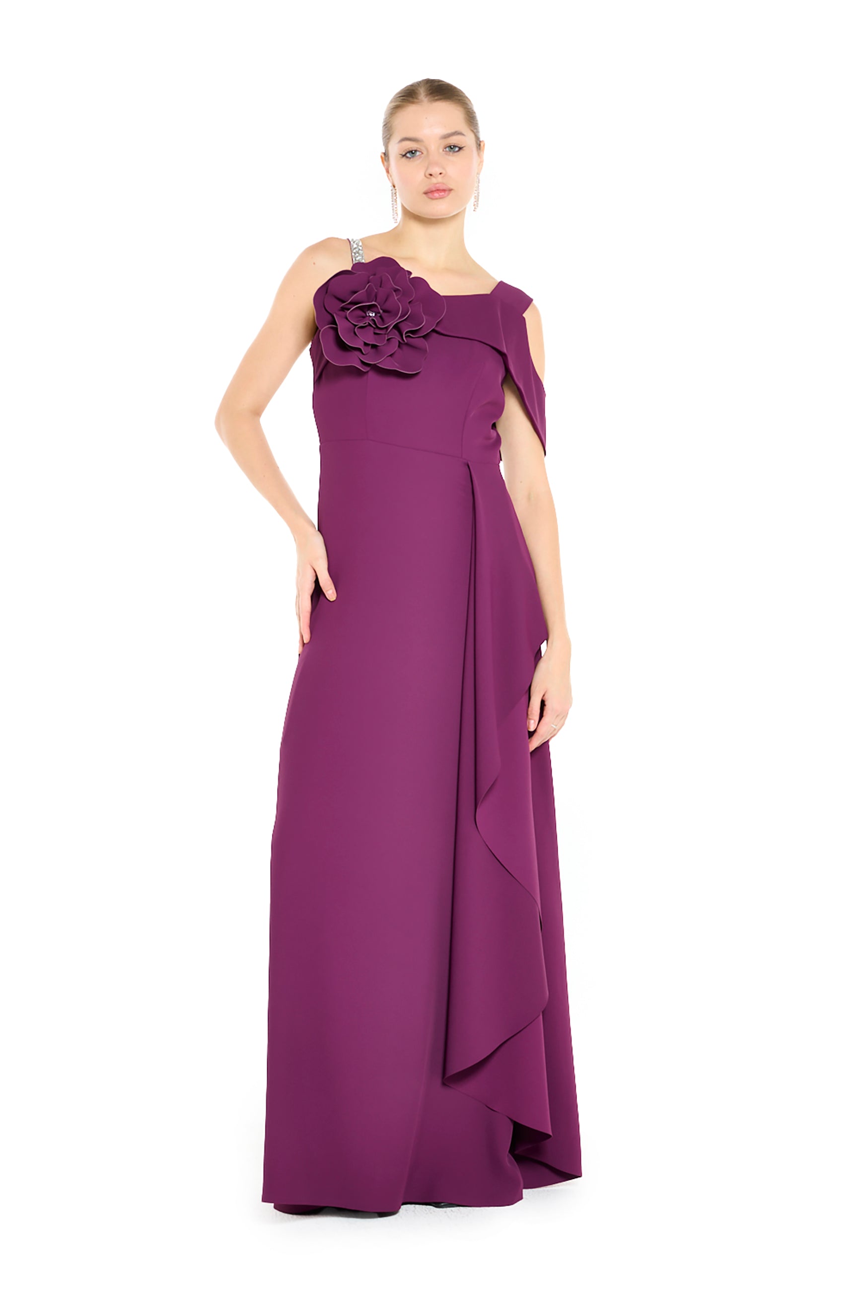 Asymmetric Maxi Dress with Sculptural Floral Appliqué