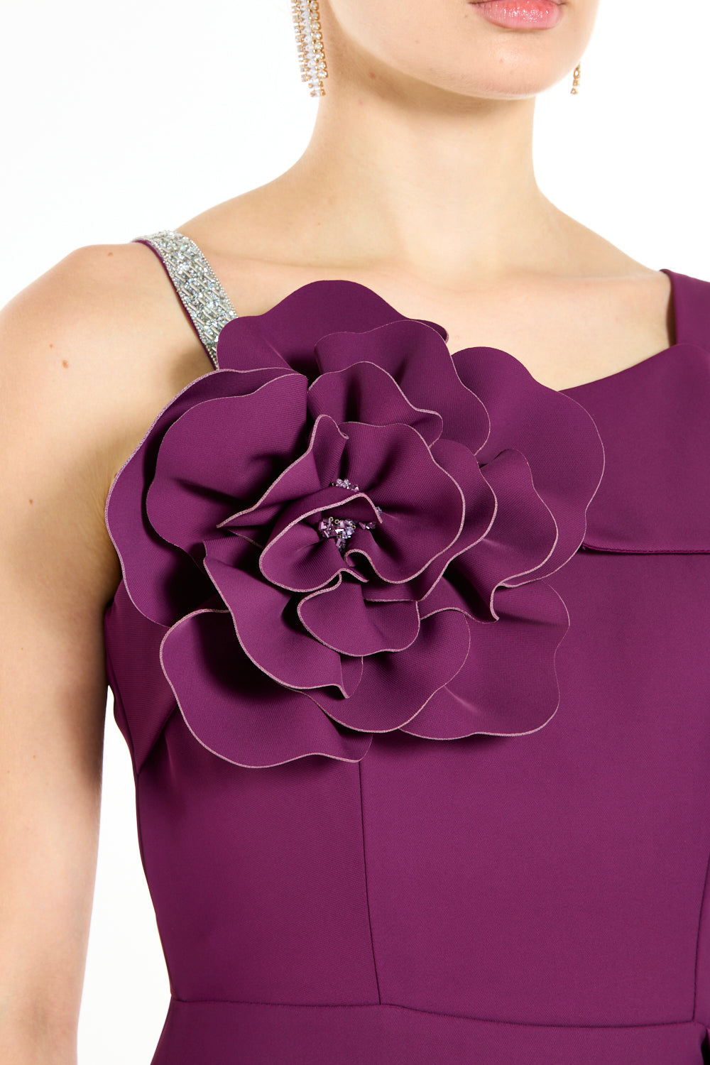 Asymmetric Maxi Dress with Sculptural Floral Appliqué