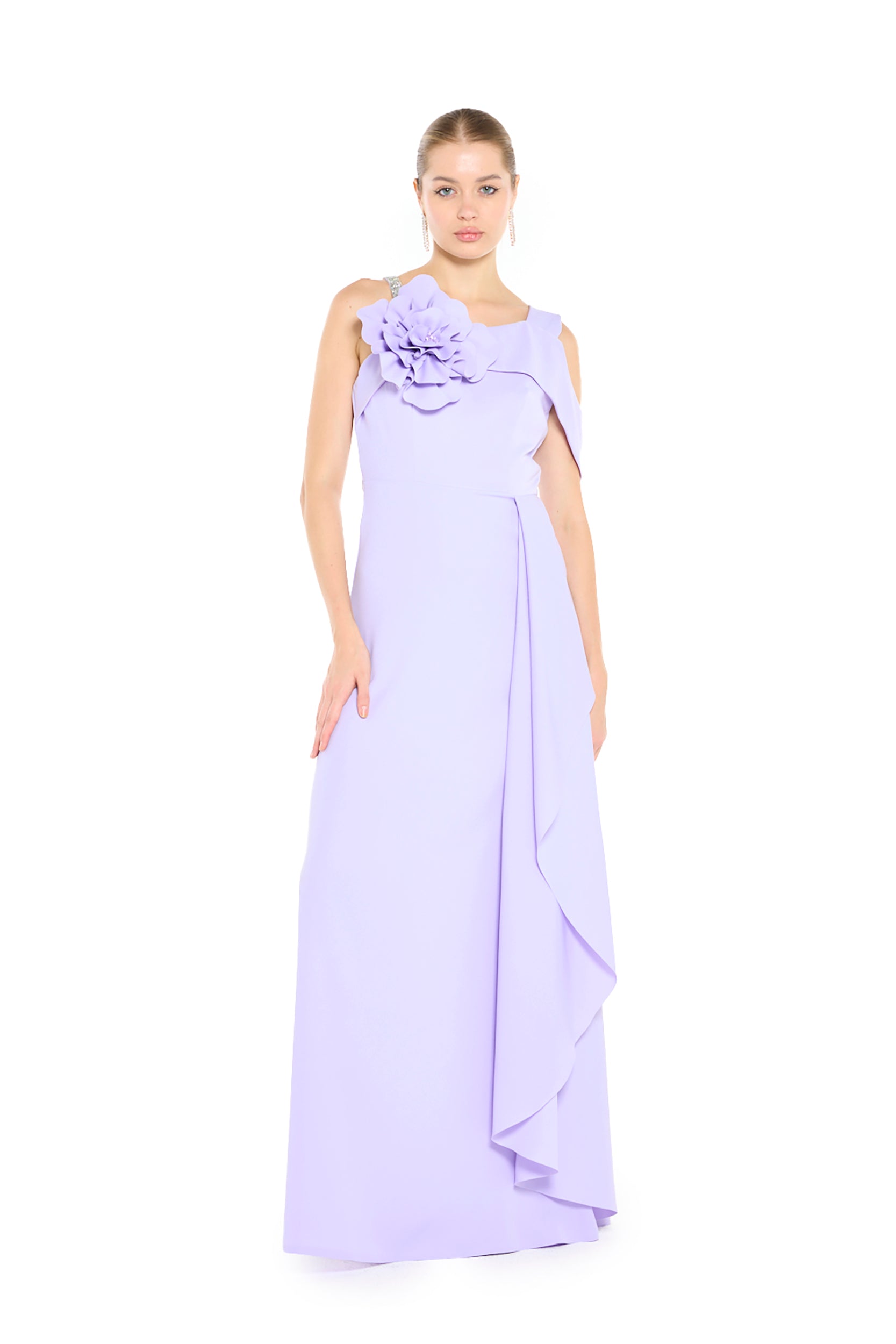 Asymmetric Maxi Dress with Sculptural Floral Appliqué