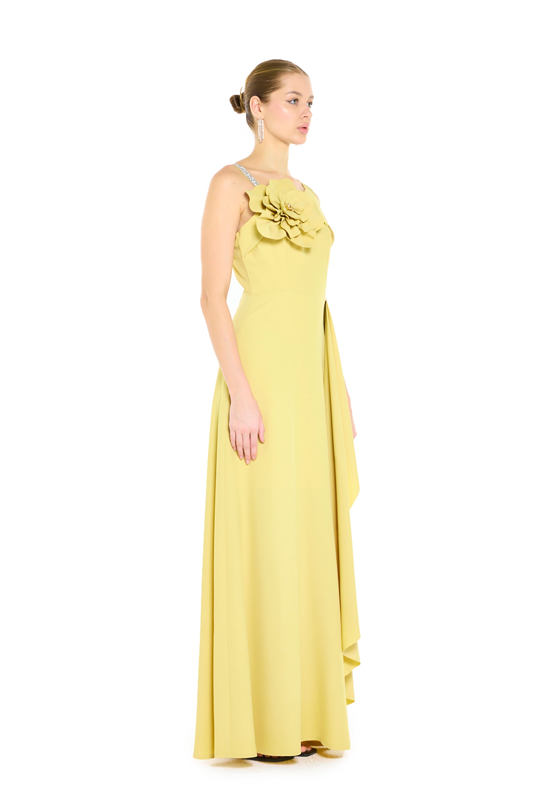 Asymmetric Maxi Dress with Sculptural Floral Appliqué