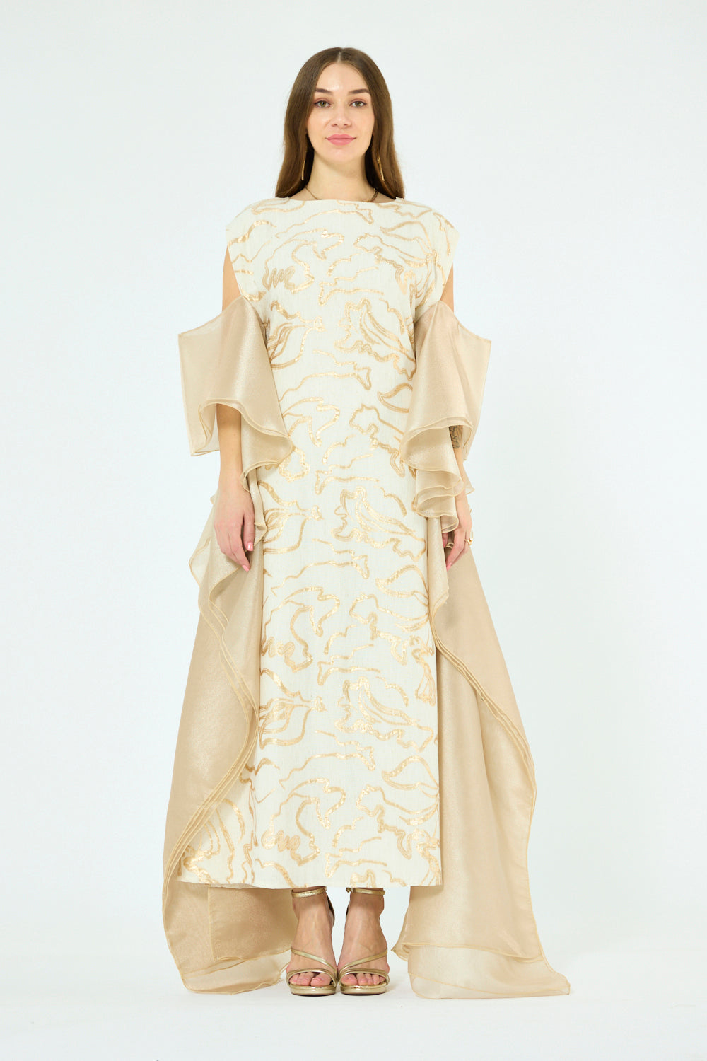 Abstract Swirl Embroidered Organza Drape Dress