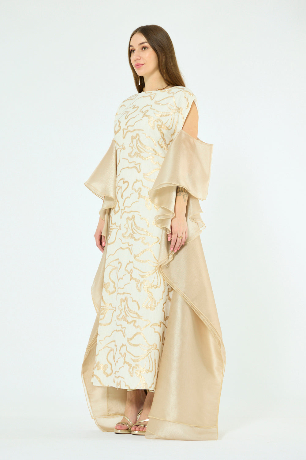 Abstract Swirl Embroidered Organza Drape Dress