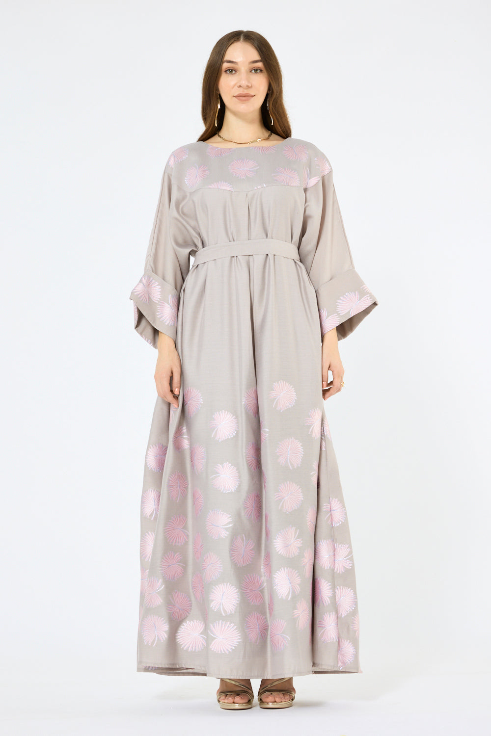 Vine Motif Print Belted Maxi Dress