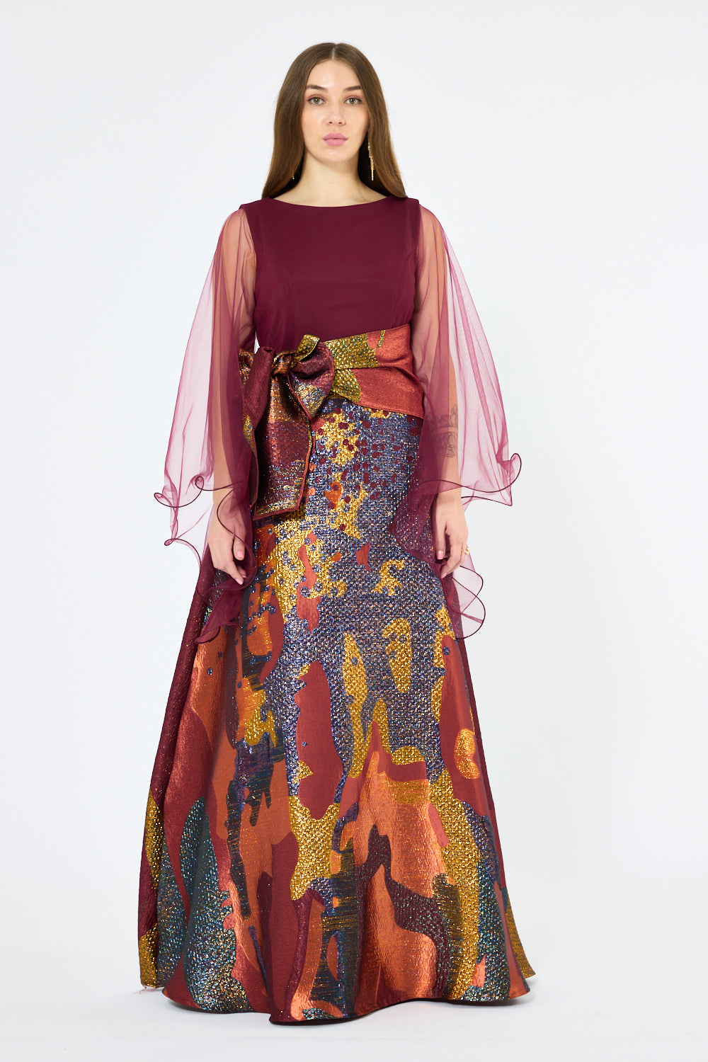 Abstract Brocade Panel Gown