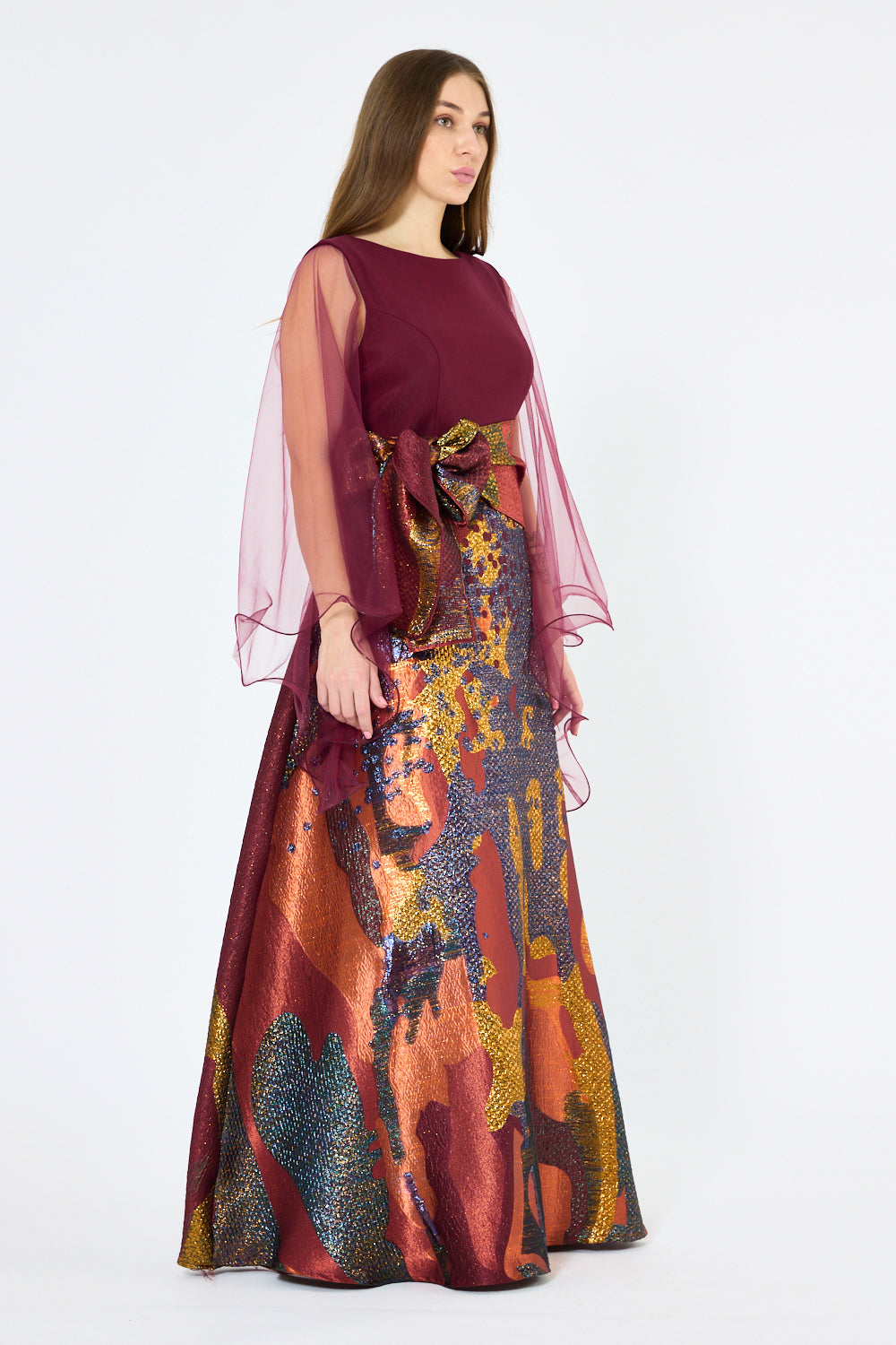 Abstract Brocade Panel Gown