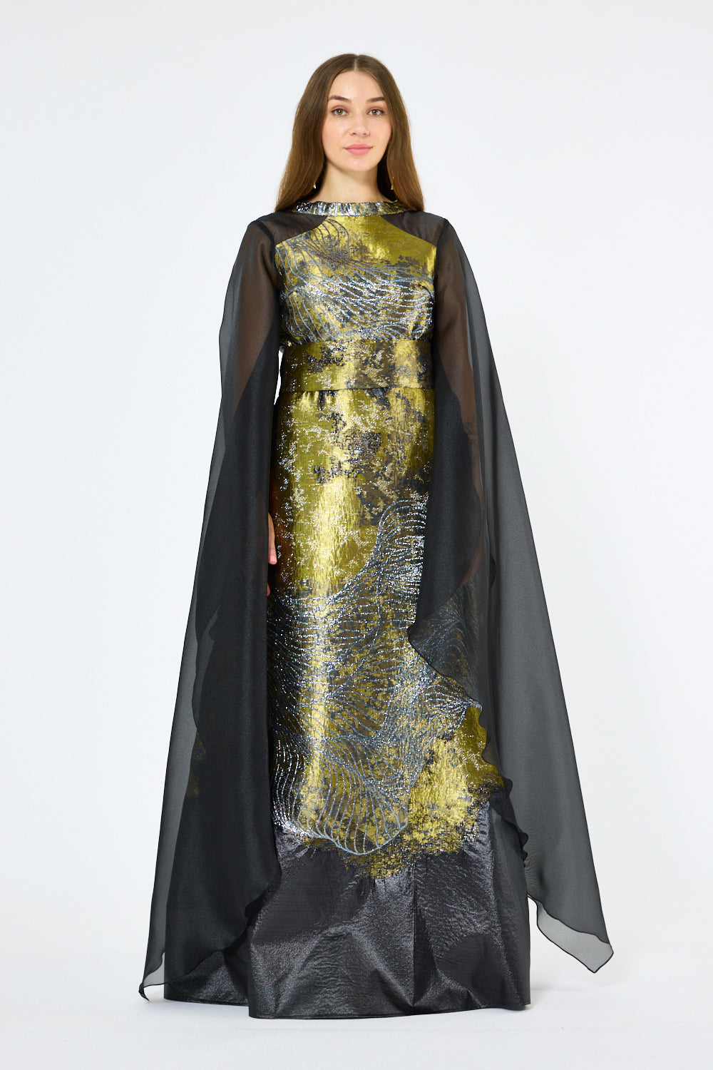 Metallic Jacquard Pattern Cape Gown