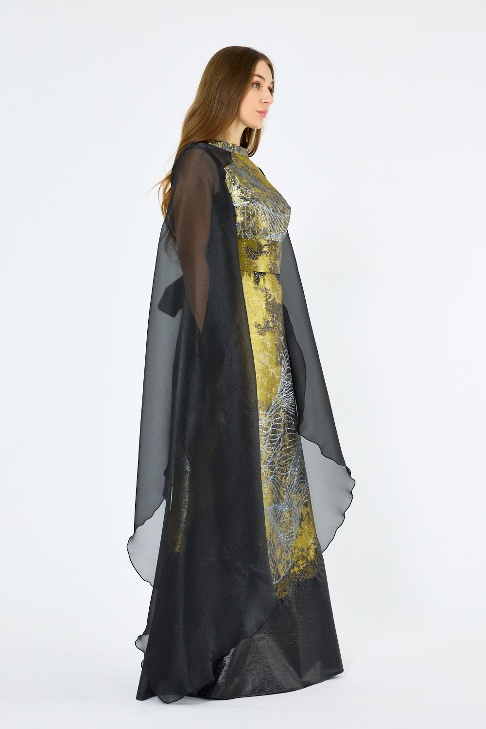 Metallic Jacquard Pattern Cape Gown