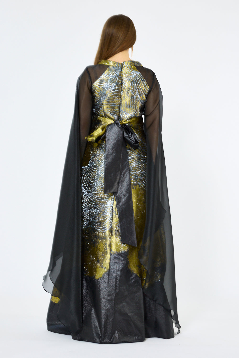 Metallic Jacquard Pattern Cape Gown