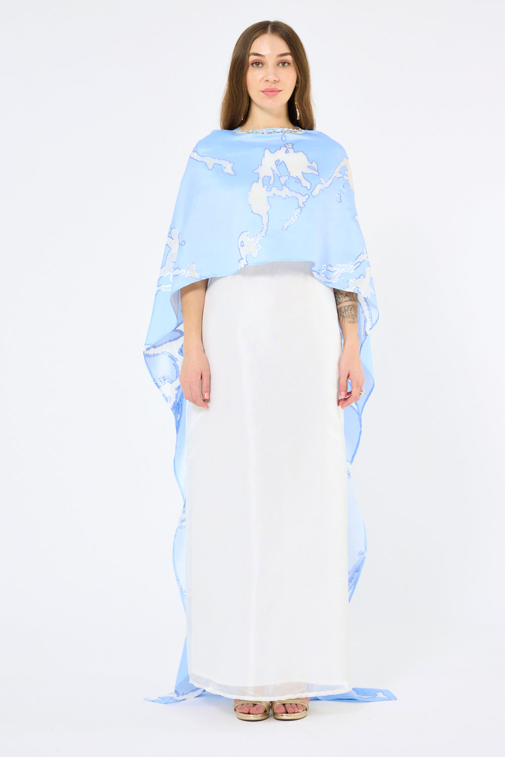 Crystal Neckline Contour Cape Overlay Gown