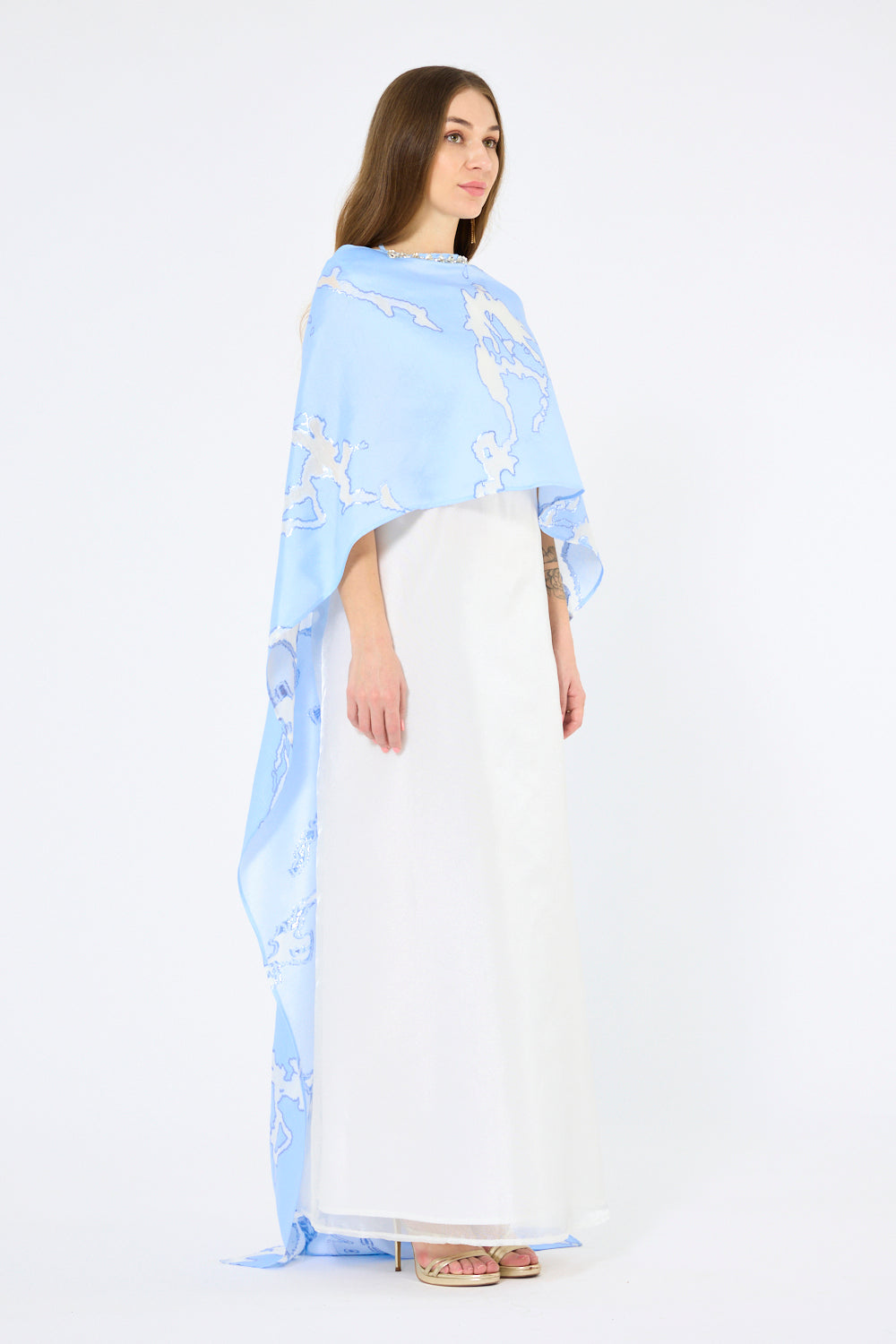 Crystal Neckline Contour Cape Overlay Gown