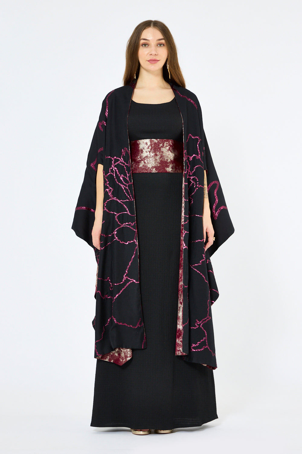 Crinkle Pattern Open Bisht & Dress Set