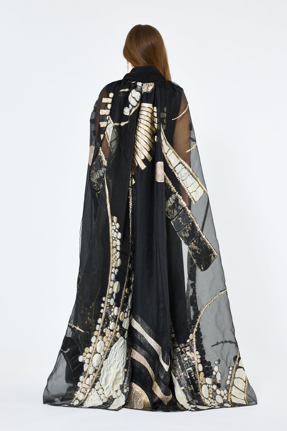 Abstract Metallic Artwork Cape Gown