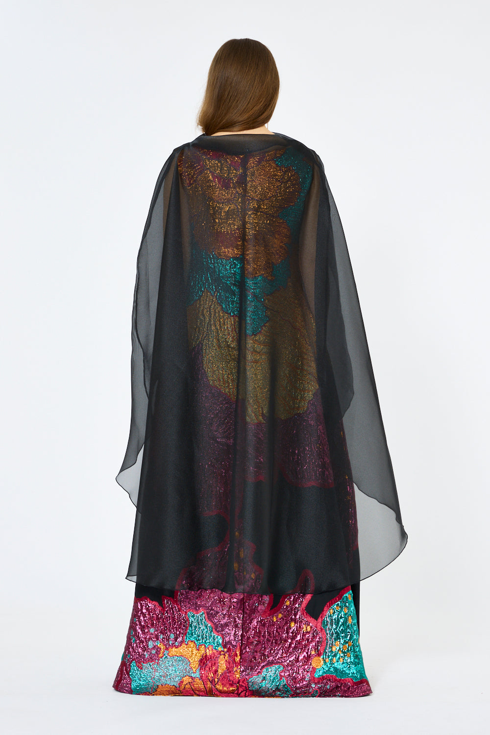 Floral Metallic Jacquard Cape Overlay Evening Gown