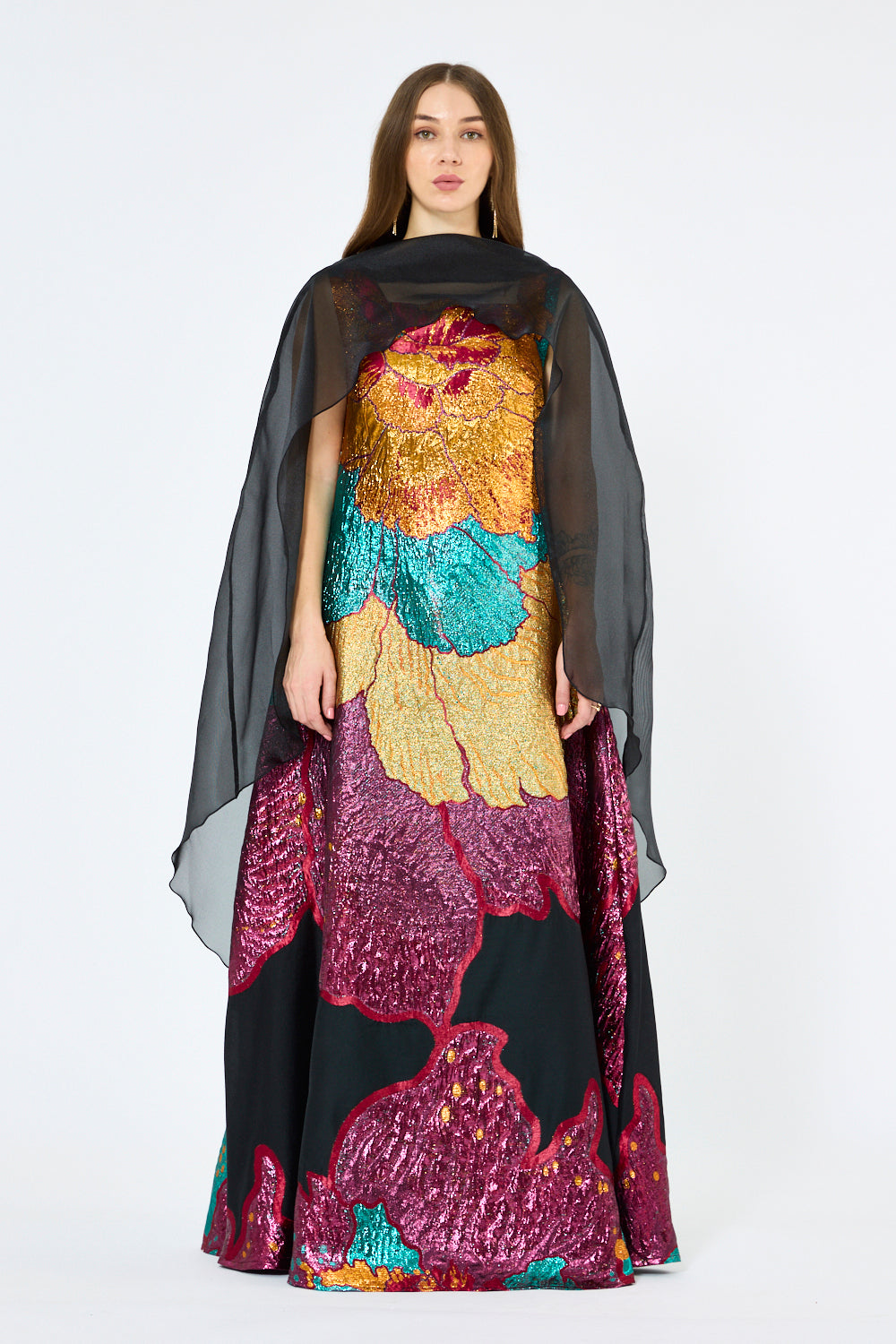 Floral Metallic Jacquard Cape Overlay Evening Gown