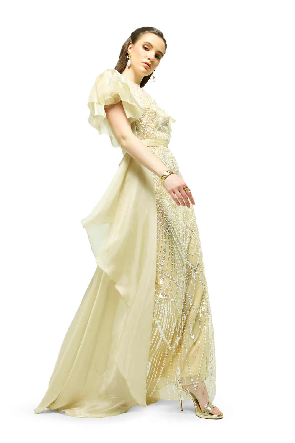Ruffle Layer Overlay Embellished Gown