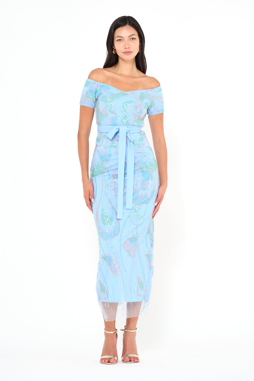 Off-Shoulder Sequin Swirl Midi Dress