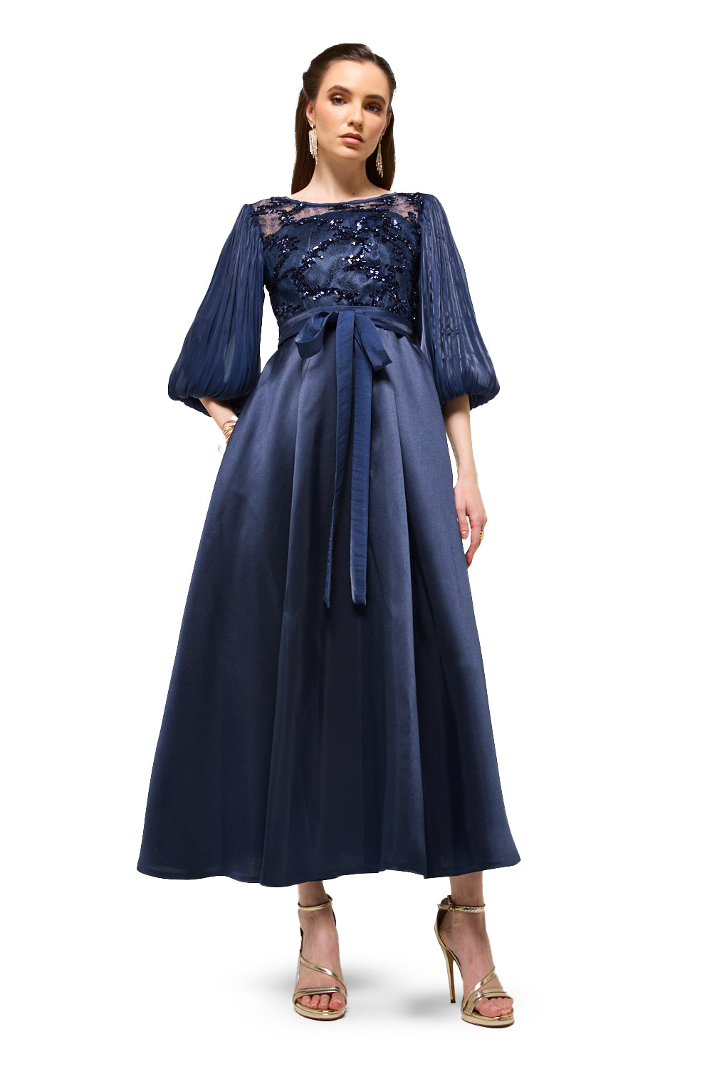 Embroidered Illusion Bodice Bow Midi Dress
