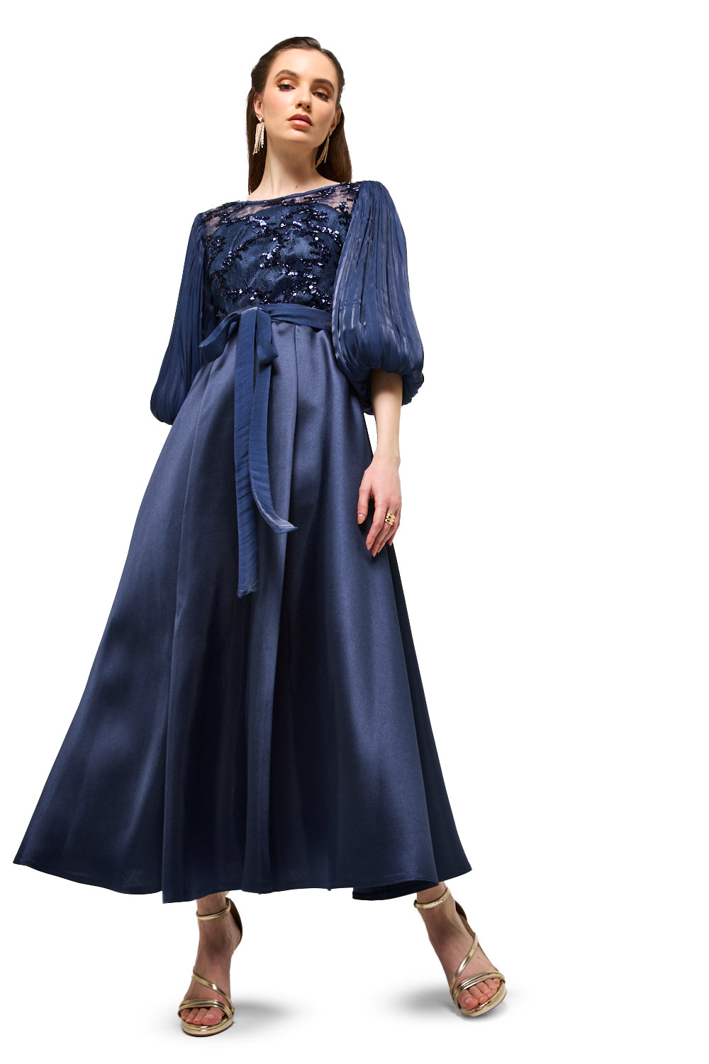 Embroidered Illusion Bodice Bow Midi Dress