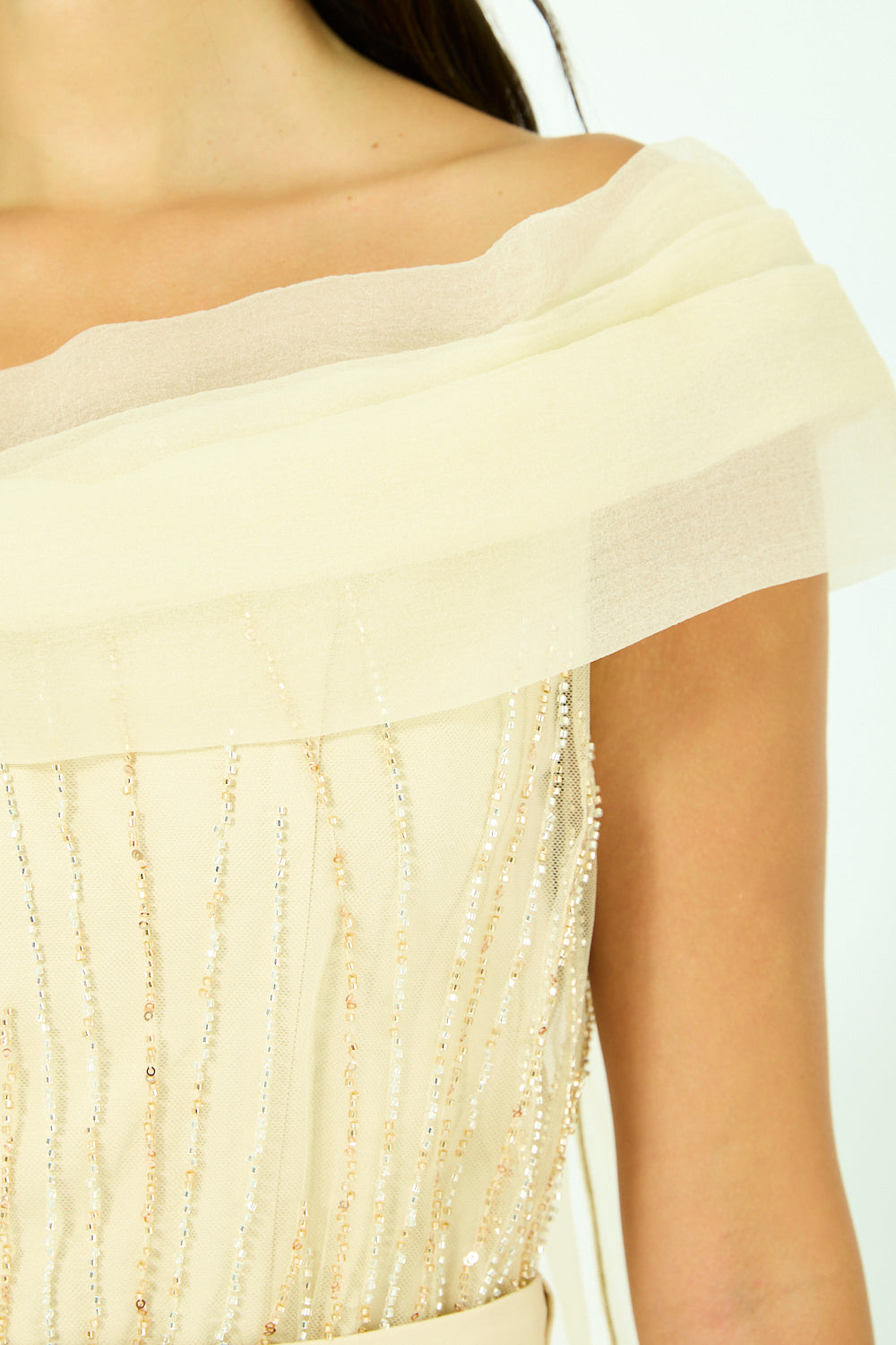 Beaded Botanical Off-Shoulder Cape Gown