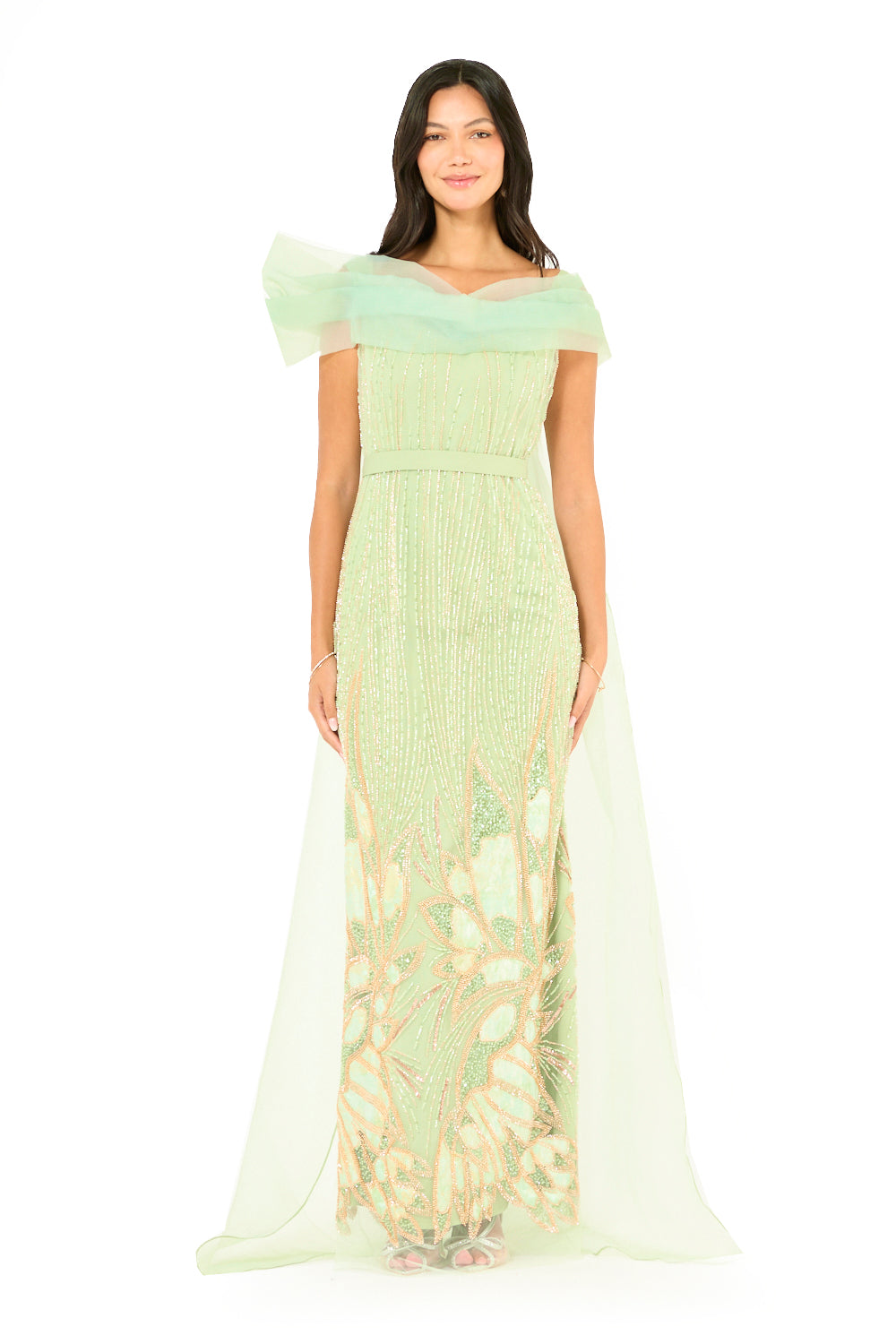 Beaded Botanical Off-Shoulder Cape Gown