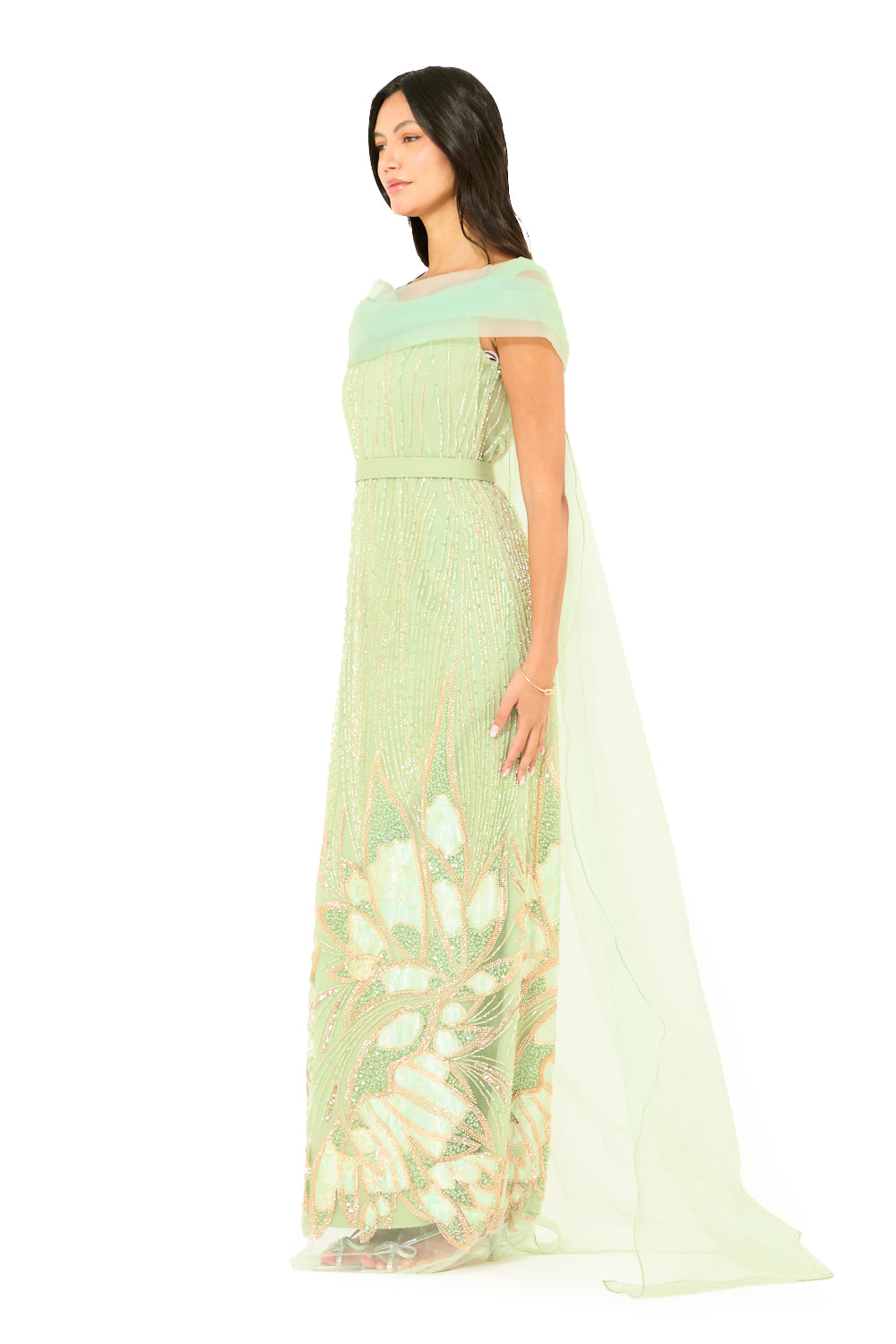 Beaded Botanical Off-Shoulder Cape Gown
