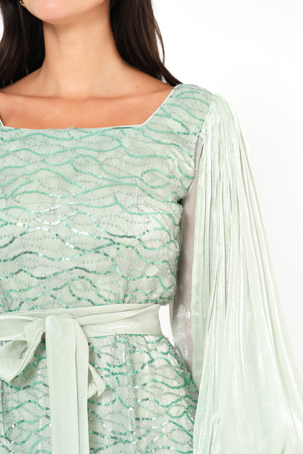 Shimmer Wave Embroidered Tie-Waist Gown