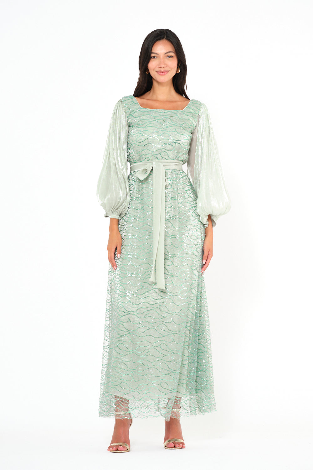 Shimmer Wave Embroidered Tie-Waist Gown