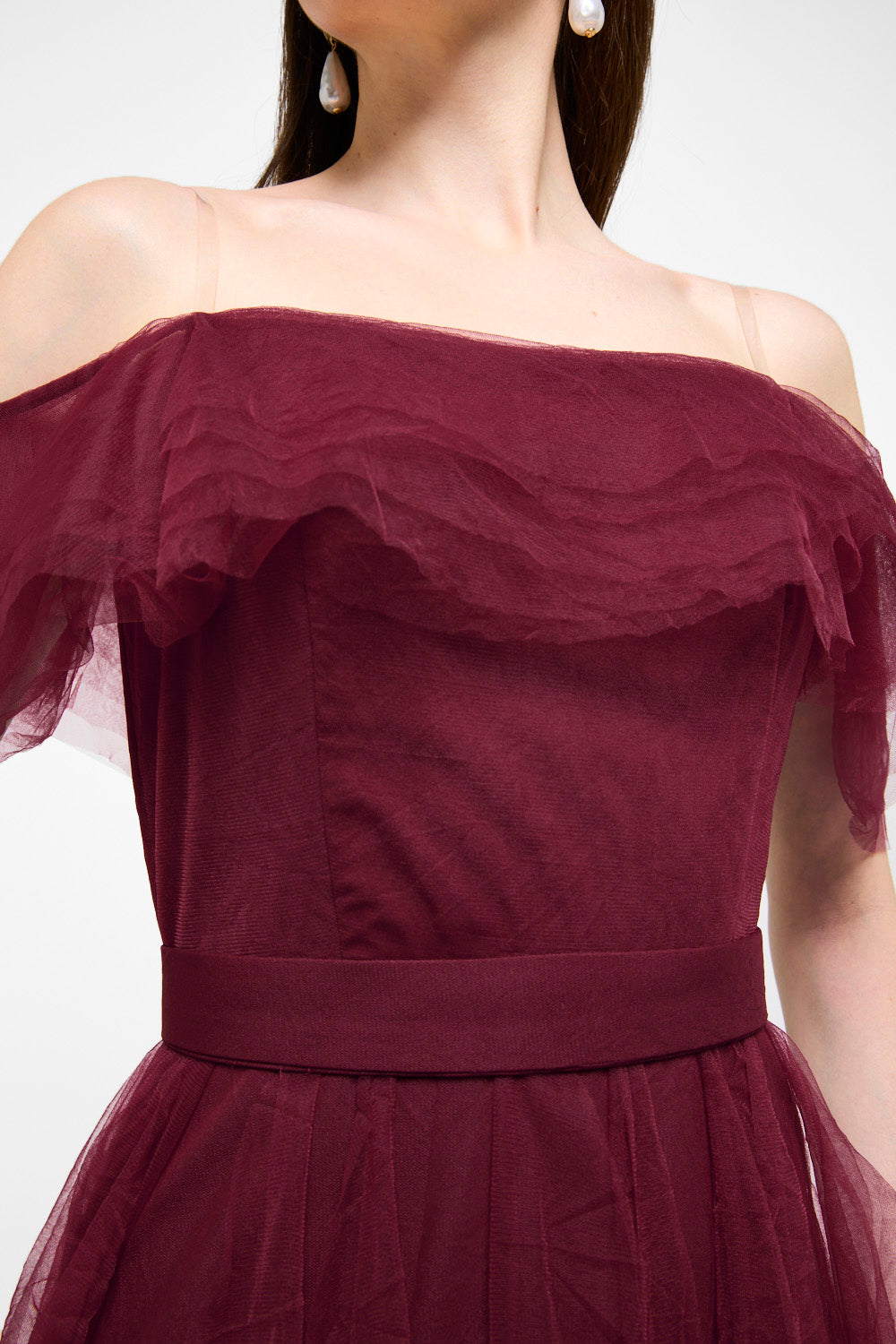 Off-Shoulder Layered Tulle Maxi Dress
