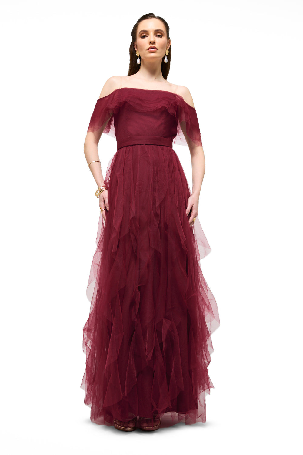 Off-Shoulder Layered Tulle Maxi Dress