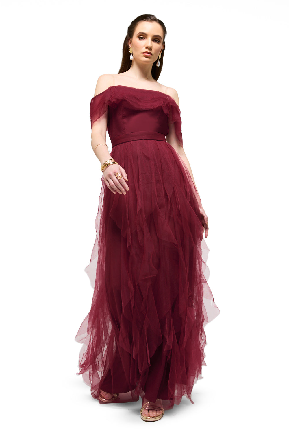 Off-Shoulder Layered Tulle Maxi Dress