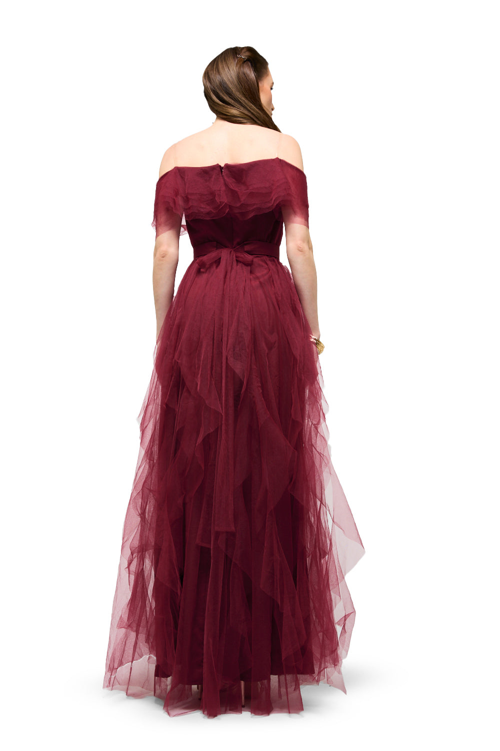 Off-Shoulder Layered Tulle Maxi Dress