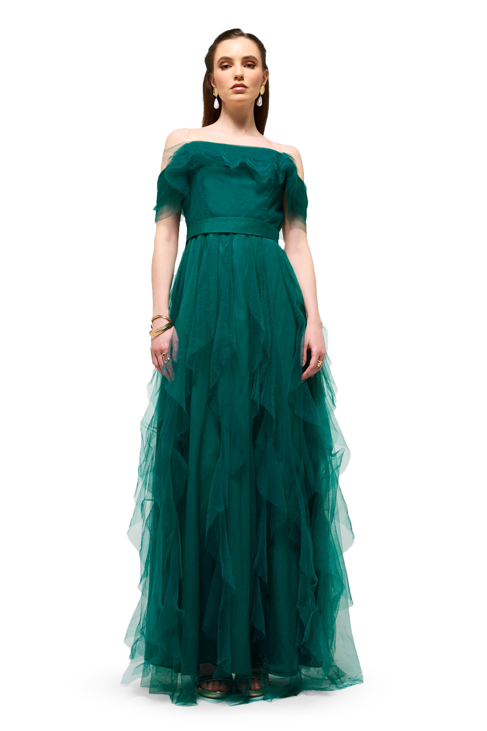 Off-Shoulder Layered Tulle Maxi Dress
