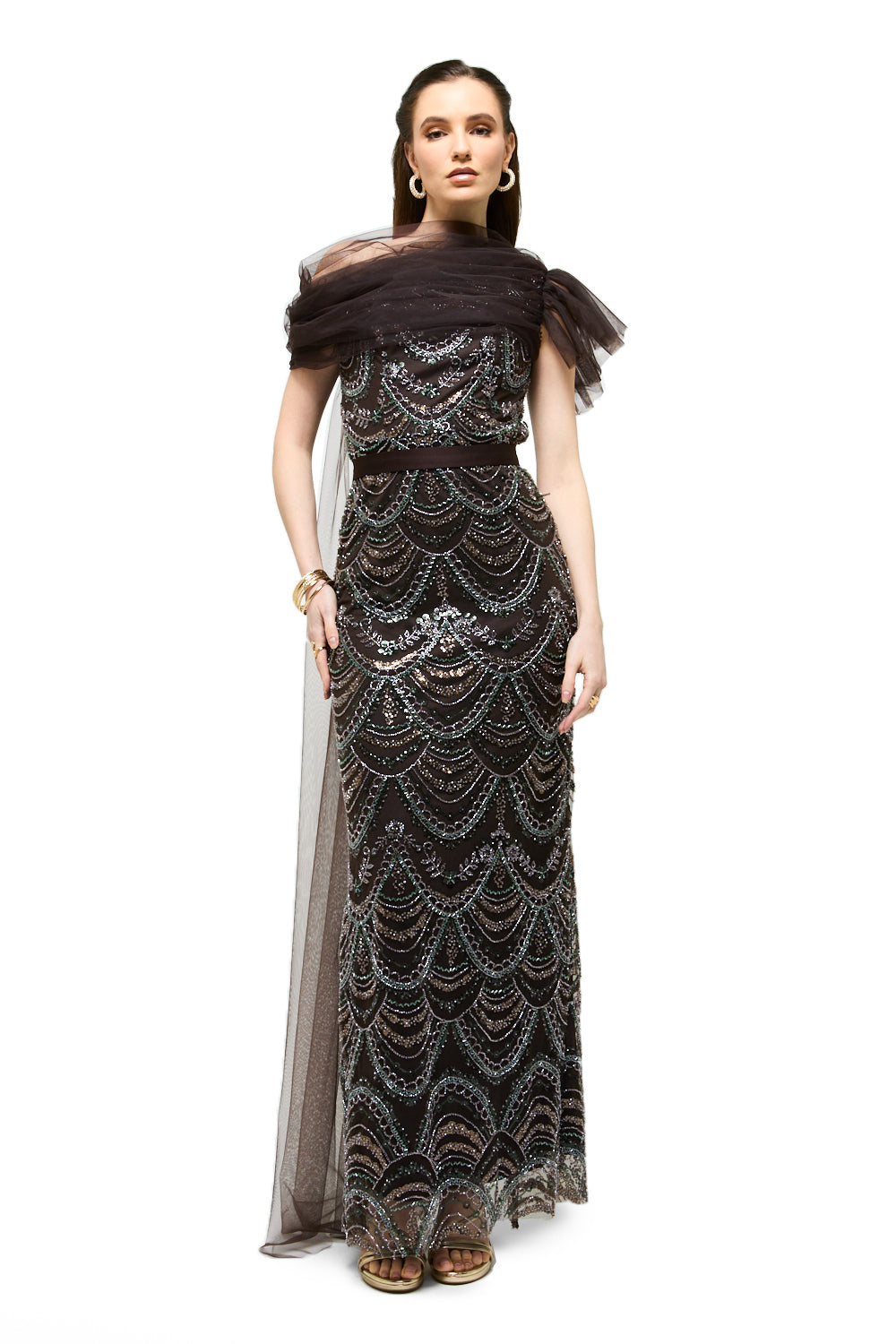 Beaded Wave Pattern Tulle Drape Maxi Dress