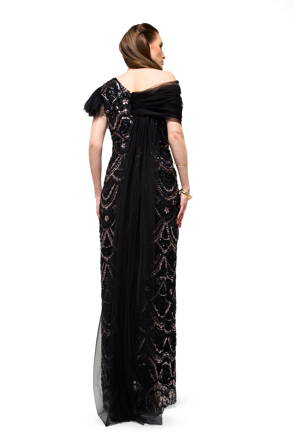 Beaded Wave Pattern Tulle Drape Maxi Dress